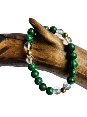 Green Malachite Bead Stretch Bracelet with Gold Accents